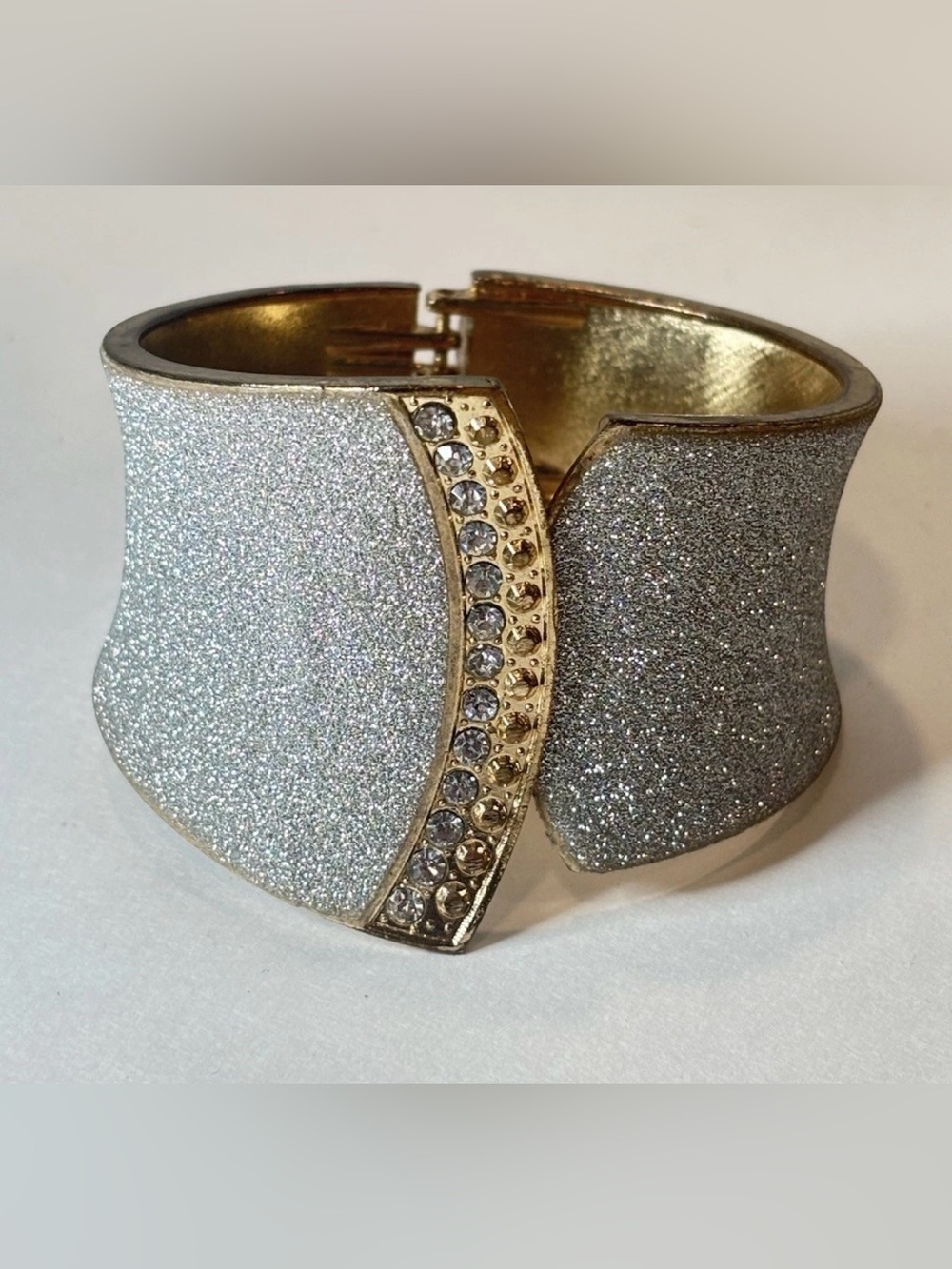 HZX Gold Tone Textured Glitter Rhinestone‎ Hinged Wide Cuff Bracelet Silver